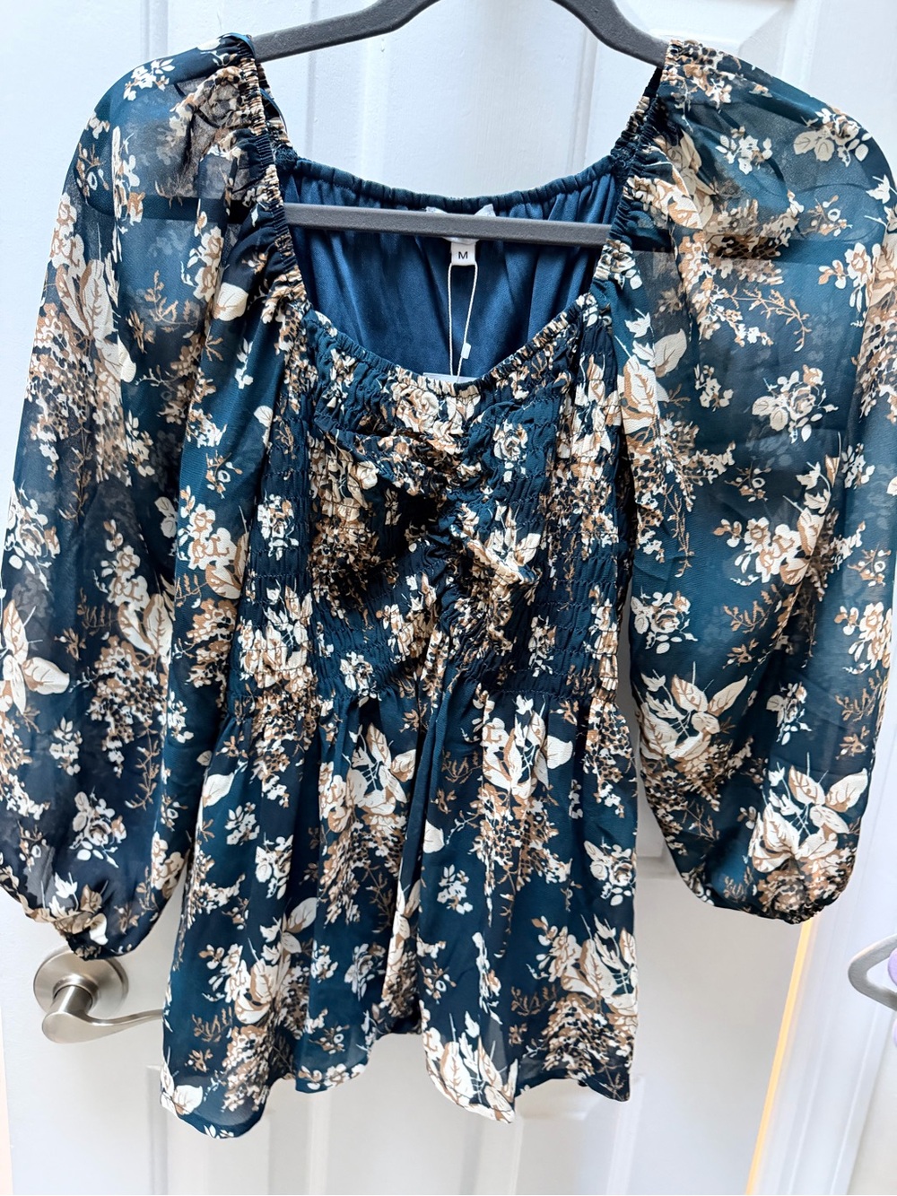 Baltic Born Teal Floral Peasant Blouse with Cream and Tan Print